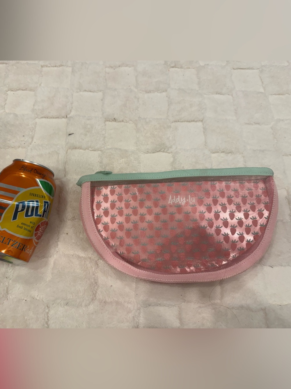 Pink Strawberry Kids Pencil or make up  Case with Mint Trim